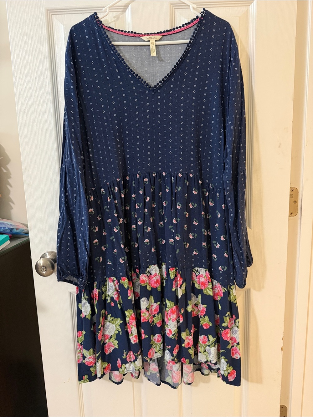 Matilda Jane Navy Dress with Pink Floral Tiered Skirt xxl